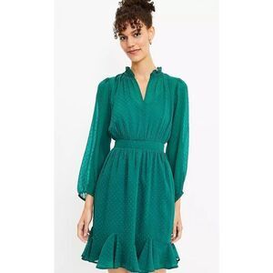 Loft Clip Godet Flare Dress SZ 0 Swiss Dot Mature Classy Cocktail Long Sleeve